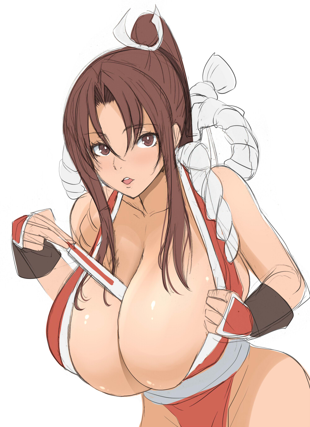 between_breasts breasts brown_eyes brown_hair cleavage closed_fan fan folding_fan gigantic_breasts highres japanese_clothes kloah long_hair pelvic_curtain ponytail revealing_clothes rope shiranui_mai sketch solo the_king_of_fighters topknot