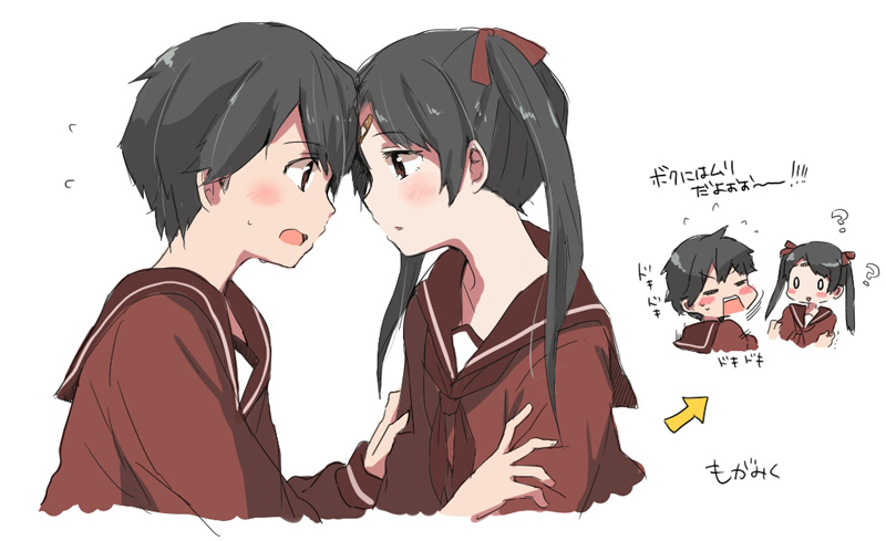 ? bad_id bad_pixiv_id bandages black_hair blush blush_stickers brown_eyes check_translation closed_eyes directional_arrow eye_contact face-to-face forehead-to-forehead hagino_makoto hand_on_another's_arm kantai_collection looking_at_another mikuma_(kantai_collection) mogami_(kantai_collection) multiple_girls o_o open_mouth profile school_uniform serafuku translation_request twintails upper_body yuri