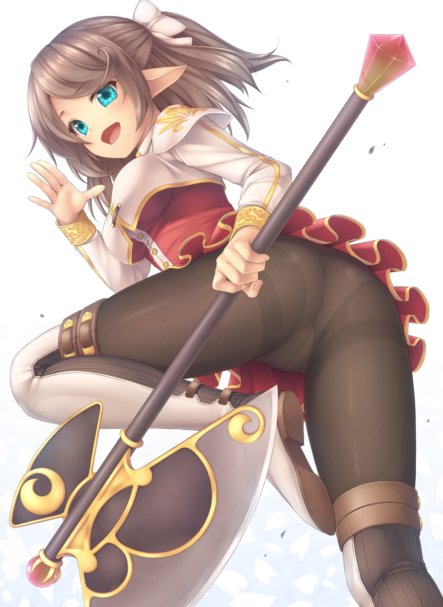 aqua_eyes axe brown_hair crotch_seam highres looking_at_viewer open_mouth original panties panties_under_pantyhose pantyhose pointy_ears ponytail sasaame short_hair solo thighband_pantyhose underwear weapon