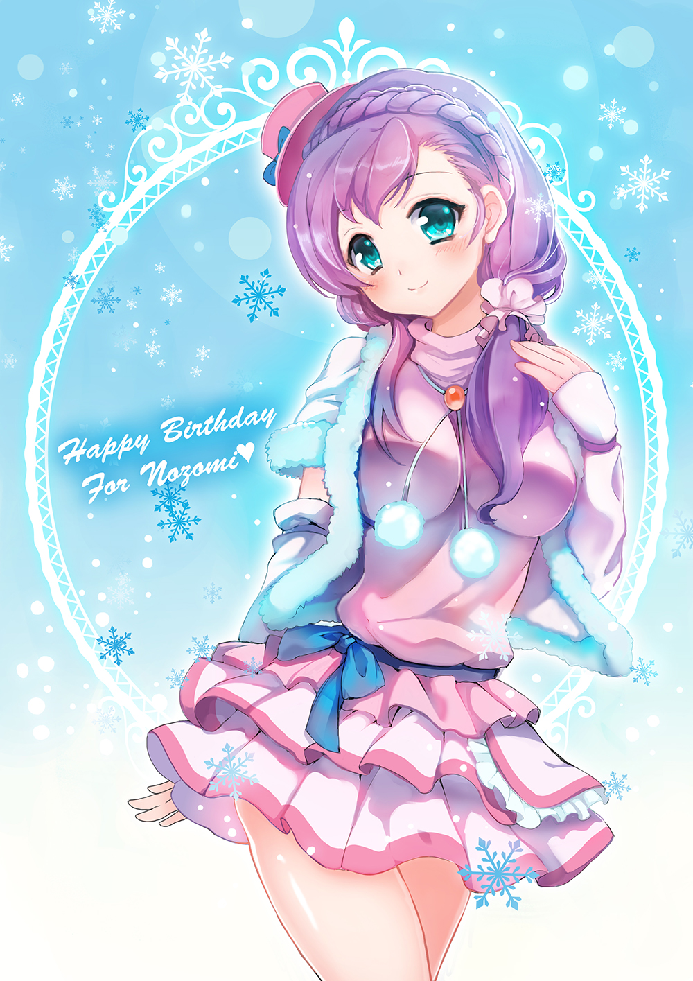 blue_eyes blush braid hair_over_shoulder happy_birthday hat highres jacket long_hair looking_at_viewer love_live! love_live!_school_idol_project pink_shirt pink_skirt pom_pom_(clothes) purple_hair shirt sibyl skirt smile snow_halation solo toujou_nozomi