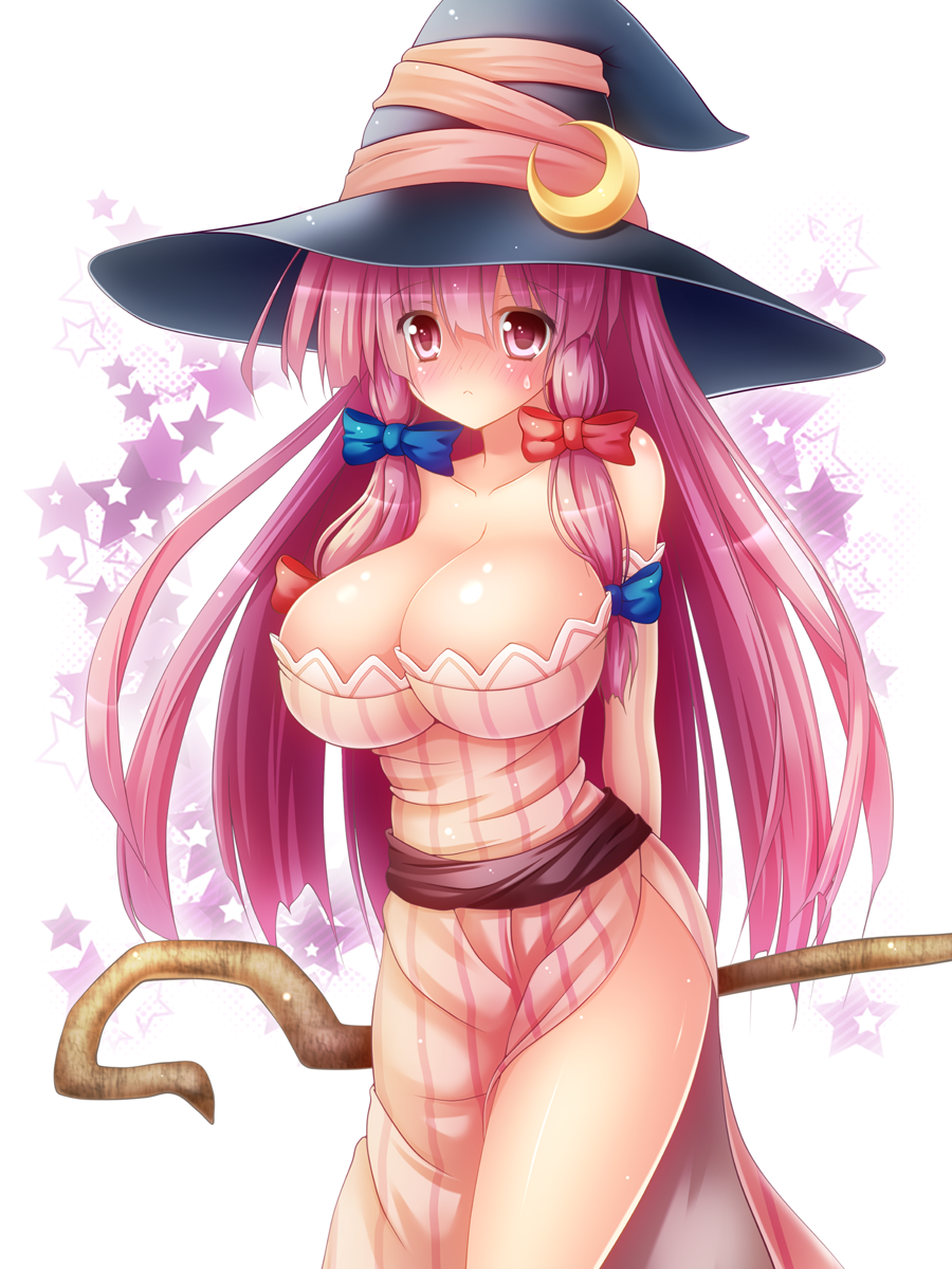 adapted_costume alternate_color alternate_eye_color alternate_hair_color arms_behind_back bare_shoulders blush breasts cleavage collarbone cosplay crescent dragon's_crown dress full-face_blush hair_ribbon hat hat_ribbon highres large_breasts long_hair long_sleeves looking_at_viewer no_bra osashin_(osada) patchouli_knowledge pink_dress pink_eyes pink_hair polearm ribbon side_slit solo sorceress_(dragon's_crown) sorceress_(dragon's_crown)_(cosplay) staff star strapless strapless_dress striped striped_dress touhou tress_ribbon very_long_hair weapon witch_hat