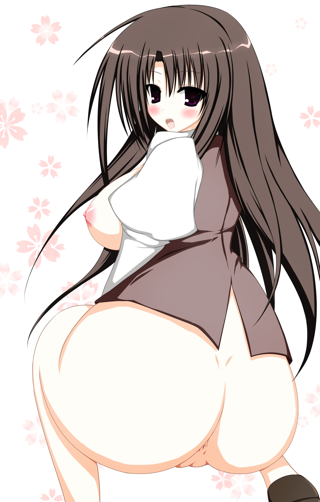 1girl akaba_chizuru anus areolae ass black_eyes bottomless breasts brown_hair female from_behind highres huge_ass large_breasts long_hair looking_back lovelovemaid nipples no_bra open_mouth pussy school_uniform seitokai_no_ichizon shirt shoes solo squatting uncensored