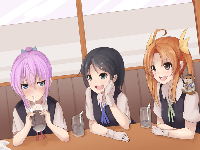 ahoge black_hair blue_eyes blush brown_eyes cup drink drinking drinking_glass drinking_straw elbow_rest gloves gloves_removed hair_ribbon kagerou_(kantai_collection) kantai_collection kuroshio_(kantai_collection) multiple_girls open_mouth pink_hair ponytail remiria100 ribbon school_uniform shiranui_(kantai_collection) short_hair short_sleeves table twintails vest white_gloves yellow_ribbon yukikaze_(kantai_collection)