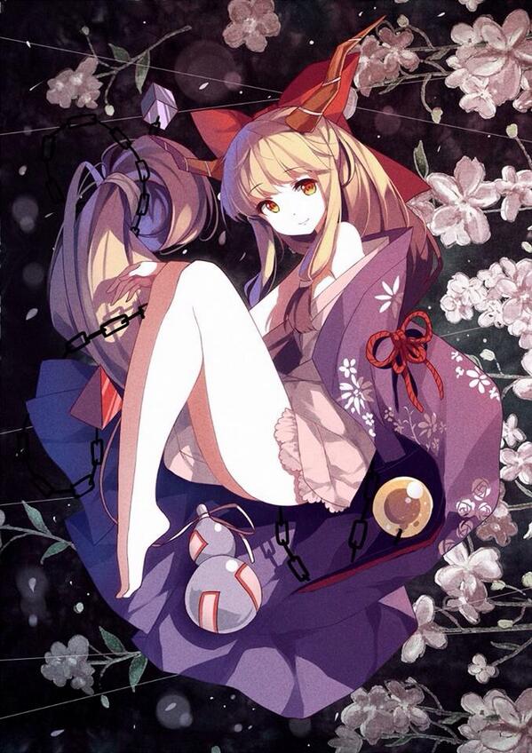 bare_shoulders barefoot bow brown_eyes caidychen chain cube floral_print flower full_body gourd hair_bow horn_ribbon horns ibuki_suika image_sample japanese_clothes kimono long_hair orange_hair pyramid_(geometry) red_bow ribbon smile touhou twitter_sample yukata