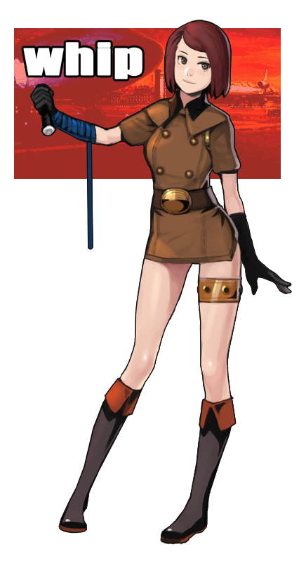 bad_id bad_pixiv_id bangs belt black_gloves boots brown_hair dress full_body gloves knee_boots military military_uniform short_dress short_hair smile solo standing steward_b swept_bangs the_king_of_fighters thigh_strap transparent_background uniform whip whip_(kof)