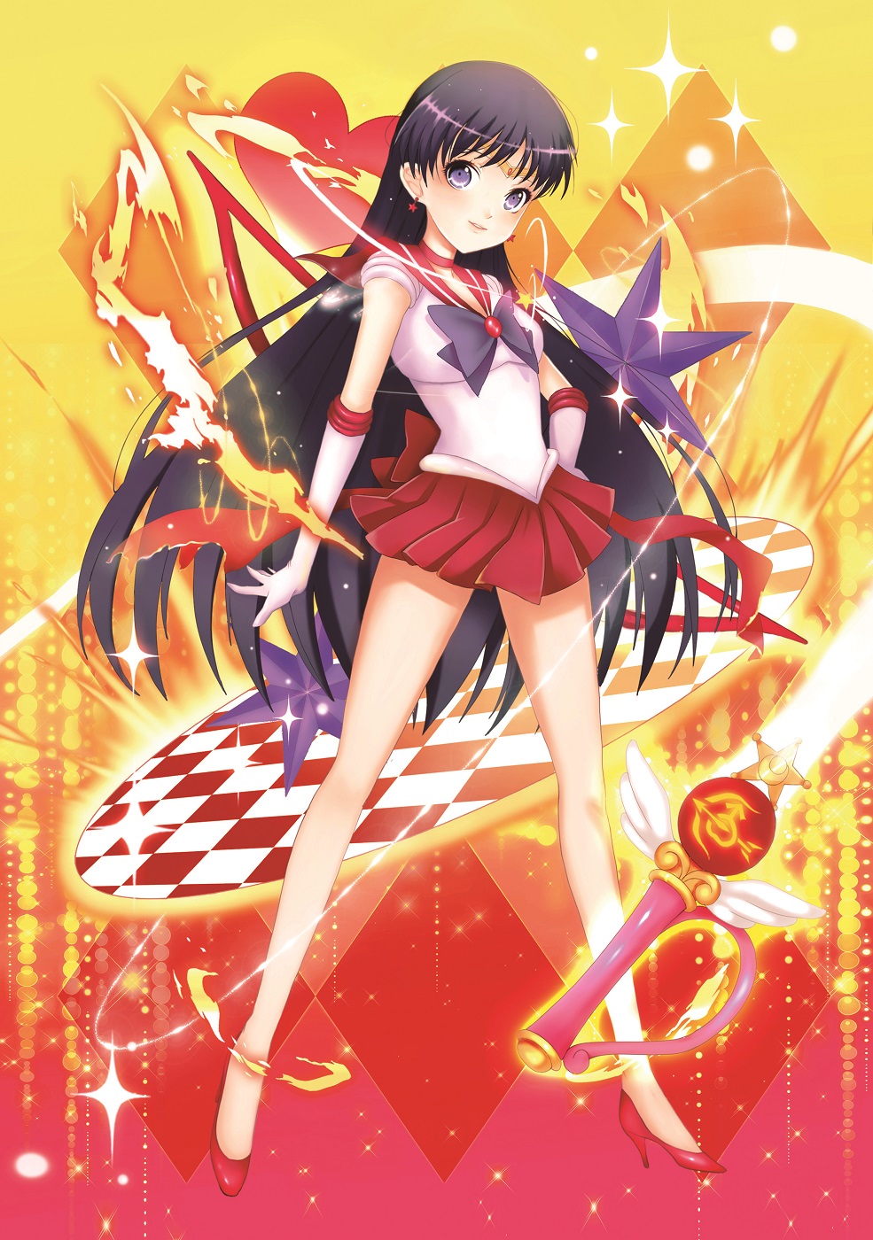 back_bow bad_id bad_pixiv_id bare_legs bishoujo_senshi_sailor_moon black_hair bow brooch crystal_change_rod earrings elbow_gloves fire full_body gloves heart high_heels highres hino_rei jewelry long_hair magical_girl mars_symbol pleated_skirt purple_eyes red_sailor_collar red_skirt ribbon sailor_collar sailor_mars sailor_senshi_uniform skirt smile solo standing super_sailor_mars tiara very_long_hair wang_jiabo white_gloves