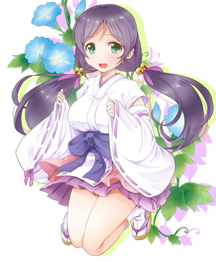 :d bell breasts flower green_eyes hair_bell hair_ornament japanese_clothes jingle_bell large_breasts long_hair love_live! love_live!_school_idol_project miko open_mouth purple_hair ratryu ribbon-trimmed_sleeves ribbon_trim skirt smile solo tabi toujou_nozomi twintails
