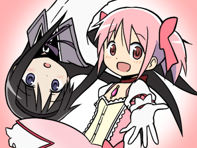 :d :o akemi_homura black_hair bow bubble_skirt choker commentary_request gloves hair_bow hairband kaname_madoka long_hair looking_at_viewer lowres magical_girl mahou_shoujo_madoka_magica multiple_girls open_mouth outstretched_arm pink_background pink_eyes pink_hair purple_eyes rikugou_(rikugou-dou) short_hair short_twintails skirt smile twintails upside-down white_gloves