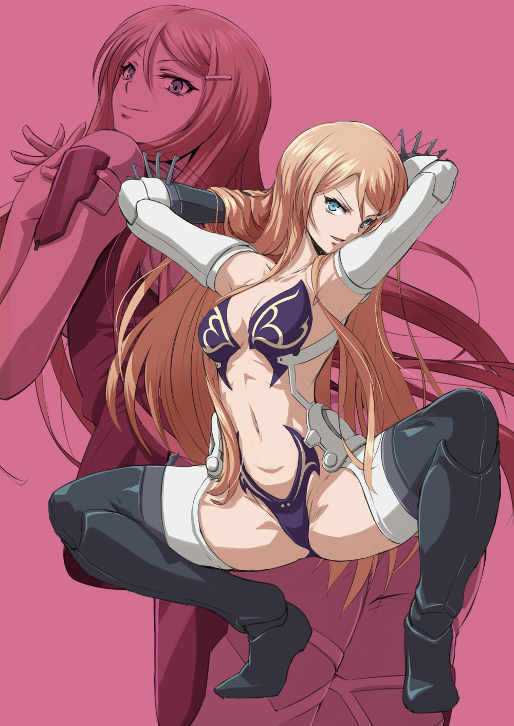 akuma_no_riddle armor armpits arms_behind_head blonde_hair blue_eyes breasts collarbone cyborg groin hair_ornament hairpin hanabusa_sumireko hands_clasped highres ishida_baru legs long_hair mechanical_arm midriff naughty_face navel open_mouth orange_hair own_hands_together pink_background projected_inset robot_joints small_breasts solo spoilers spread_legs squatting thighs very_long_hair
