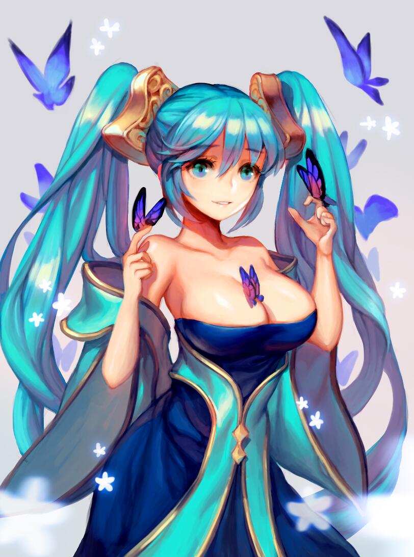 aqua_eyes aqua_hair asuka4407 bare_shoulders breasts bug butterfly cleavage detached_sleeves dress hair_between_eyes insect large_breasts league_of_legends long_hair low_neckline smile solo sona_buvelle twintails very_long_hair