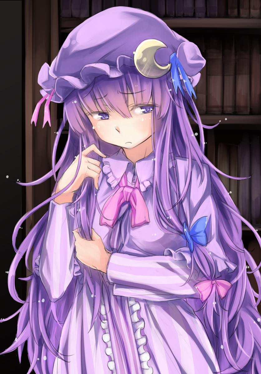 book bookshelf capelet commentary_request crescent double_bun dress hair_between_eyes hair_ribbon hair_twirling hat highres long_dress long_hair looking_to_the_side mob_cap nervous patchouli_knowledge purple purple_dress purple_eyes purple_hair purple_hat ribbon solo touhou tress_ribbon usotsuki_penta very_long_hair