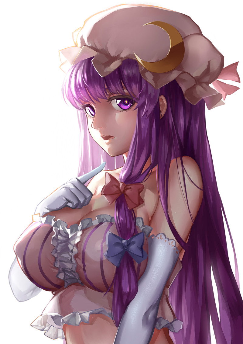 adapted_costume bare_shoulders blush breasts cleavage covered_nipples crescent elbow_gloves gloves hair_ribbon hat large_breasts long_hair midriff mr_cloud open_mouth patchouli_knowledge purple_eyes purple_hair ribbon simple_background solo touhou white_background white_gloves