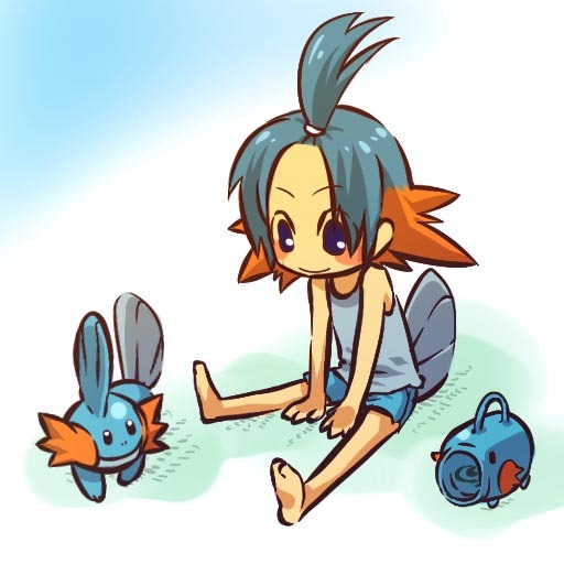 bare_shoulders blue_eyes blue_hair blush_stickers child forehead gen_3_pokemon hitec incense kayari_buta moemon mosquito_coil mudkip multicolored_hair novelty orange_hair personification pokemon pokemon_(creature) ponytail shorts sitting smile spread_legs tail tank_top themed_object two-tone_hair