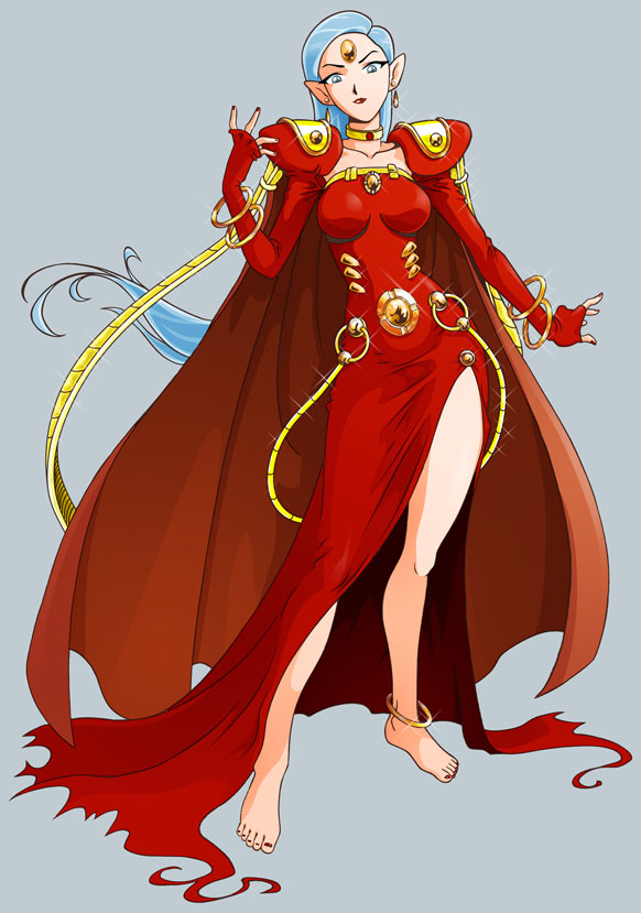 barefoot blue_hair breasts cape collar curvy david_cardenas dress earrings feet gold jewelry large_breasts long_hair nail_polish pointy_ears red_dress side_slit solo very_long_hair