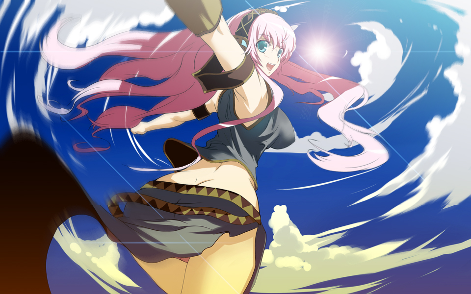 aqua_eyes breasts butt_crack cloud day double_lariat_(vocaloid) large_breasts long_hair megurine_luka midriff motion_blur nohito panties pantyshot pink_hair sky smile solo sun underwear vocaloid