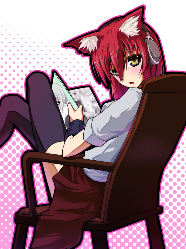 animal_ears bad_id bad_pixiv_id blush cat_ears caught censored chair crossed_legs din_(flypaper) halftone halftone_background headphones long_hair mosaic_censoring open_mouth original red_hair sitting skirt solo surprised thighhighs wristband yellow_eyes zettai_ryouiki