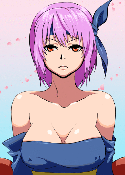 animated animated_gif ayane_(doa) banned_artist bare_shoulders blinking breasts cleavage collarbone covered_nipples dead_or_alive detached_sleeves headband kamiomutsu large_breasts ninja purple_hair red_eyes short_hair solo wind