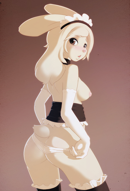 breasts brown_eyes butt elbow_gloves esatu female gloves hair lagomorph legwear long_hair looking_at_viewer maid maid_uniform mammal open_mouth panties panty_pull rabbit solo standing stockings thigh_highs underwear undressing