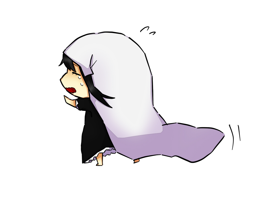 akemi_homura blanket chibi closed_eyes crying dress funeral_dress mahou_shoujo_madoka_magica mahou_shoujo_madoka_magica_movie murota open_mouth outstretched_arms simple_background solo white_background