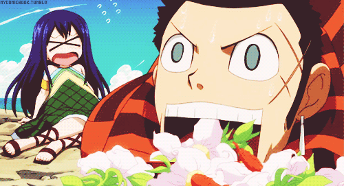1boy 1girl animated animated_gif blue_hair dress eating fairy_tail flower long_hair mest scar wendy_marvell what