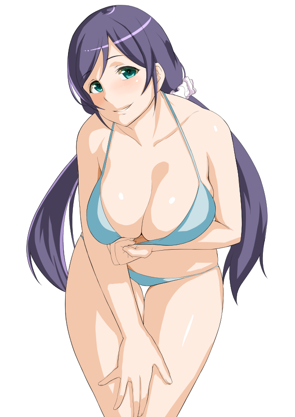 bikini blush breasts cleavage cleavage_reach cowboy_shot green_eyes hand_on_thigh large_breasts leaning_forward long_hair love_live! love_live!_school_idol_project low_twintails naughty_face obmas_(pfeito) purple_hair scrunchie smile solo standing swimsuit thigh_gap toujou_nozomi twintails