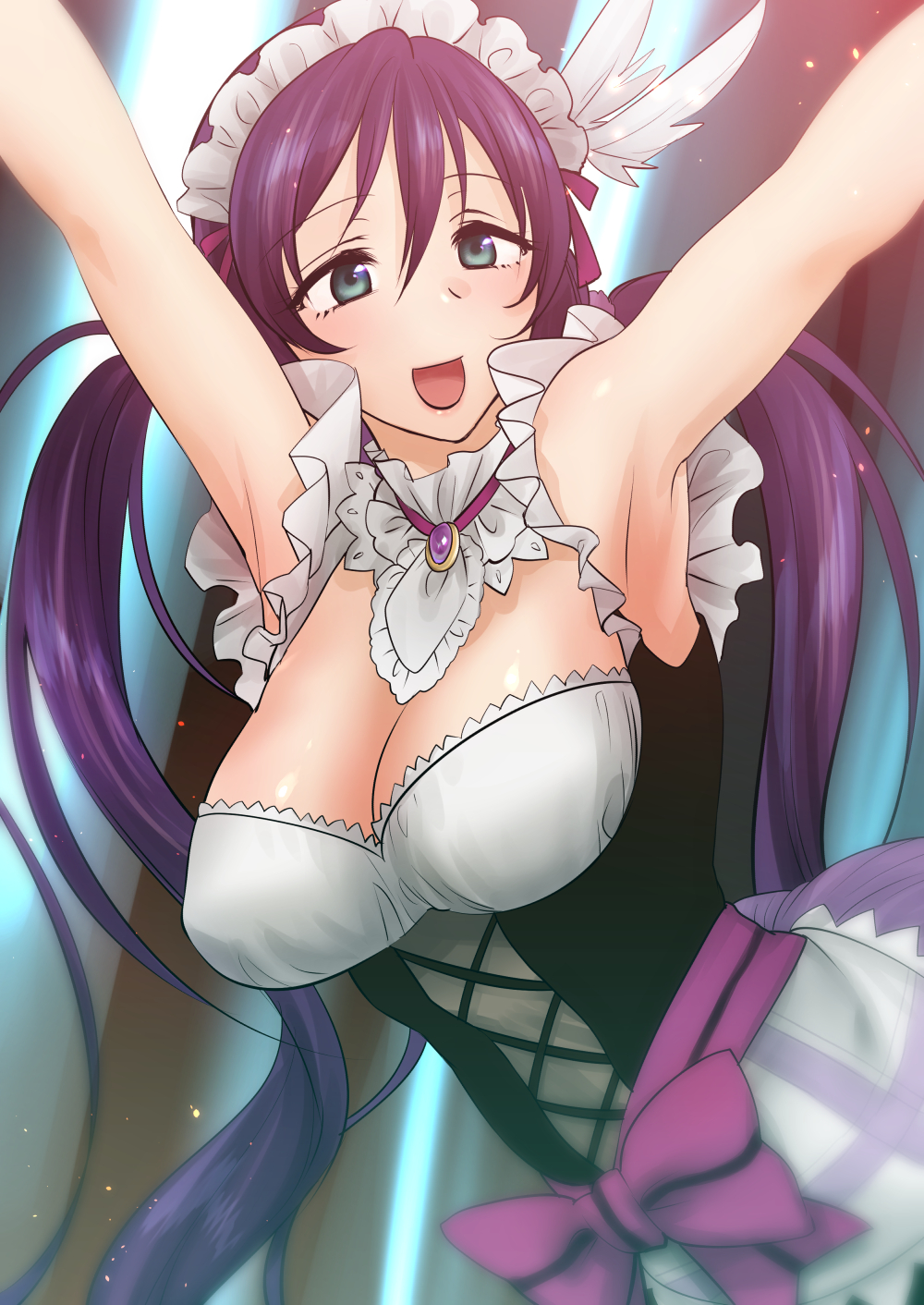 armpits breasts cleavage corset green_eyes highres large_breasts long_hair love_live! love_live!_school_idol_project low_twintails maid_headdress mogyutto_"love"_de_sekkin_chuu! open_mouth purple_hair shoukaki_(earthean) smile solo toujou_nozomi twintails