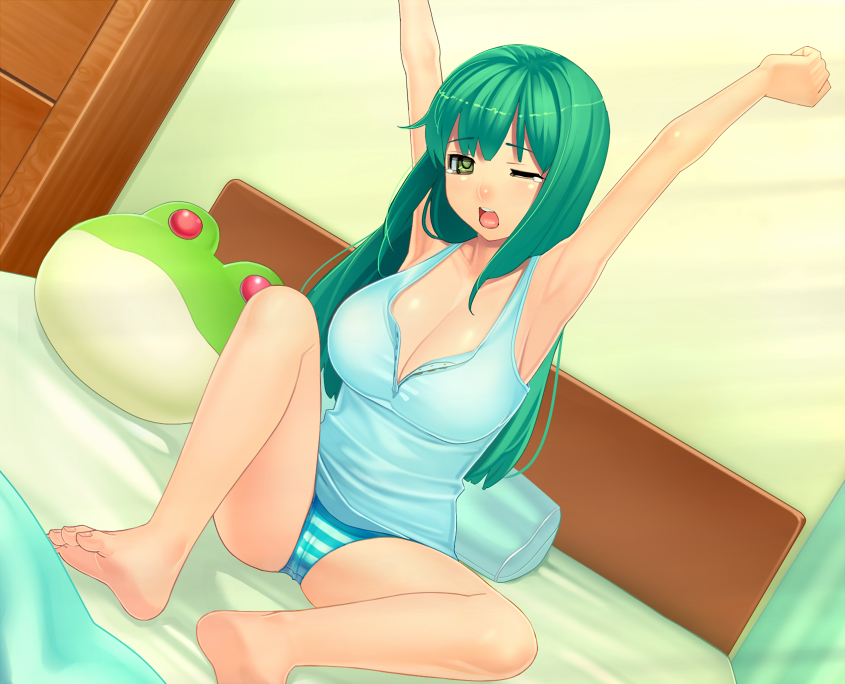 armpits arms_up bad_id bad_pixiv_id barefoot bed blush breasts cameltoe cleavage dutch_angle feet green_eyes green_hair kochiya_sanae large_breasts long_hair one_eye_closed open_mouth panties pillow sitting sleepy solo stretch striped striped_panties stuffed_toy tears tonoa touhou underwear waking_up yawning