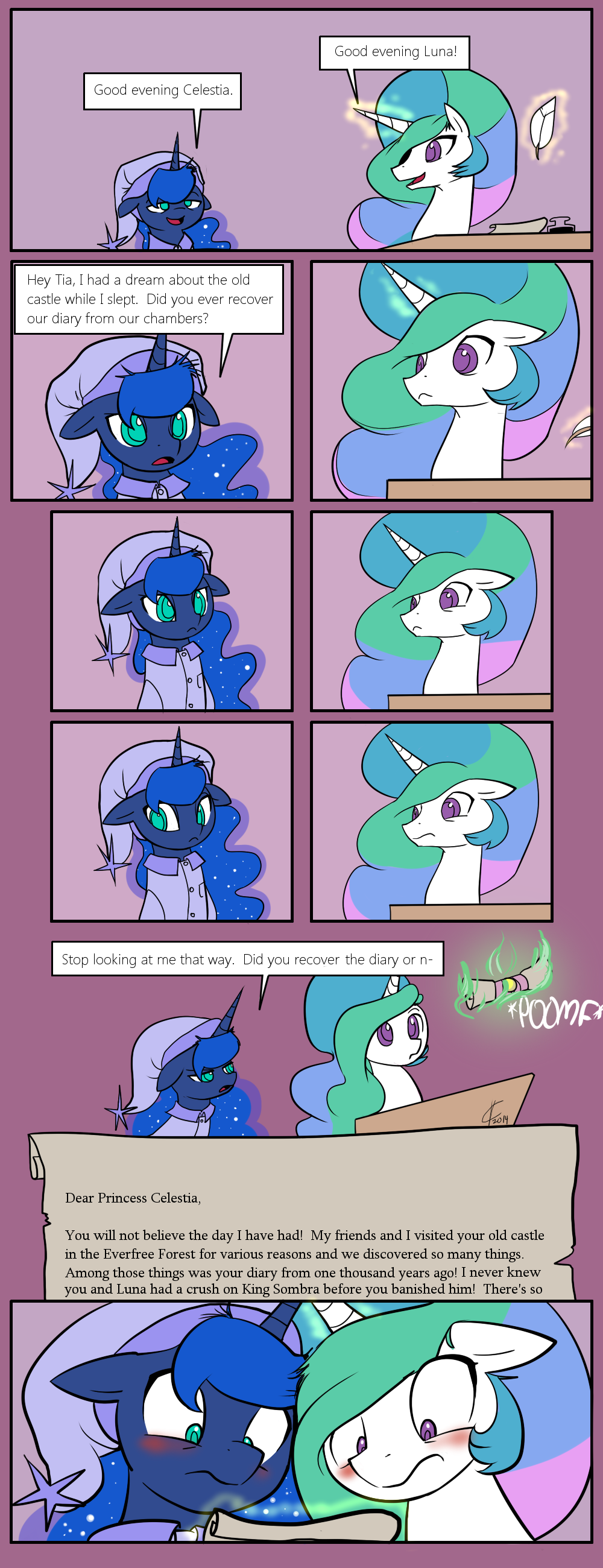 bed_head blue_eyes blue_fur blue_hair blush comic desk dialog duo embarrassed english_text equine female fire friendship_is_magic fur glowing hair horn inkwell letter levitation long_hair magic mammal messy_hair multi-colored_hair my_little_pony nightcap open_mouth pajamas paper princess_celestia_(mlp) princess_luna_(mlp) purple_eyes quill scroll sibling sisters sparkles speech_balloon star teal_eyes text unicorn valcron white_fur winged_unicorn wings