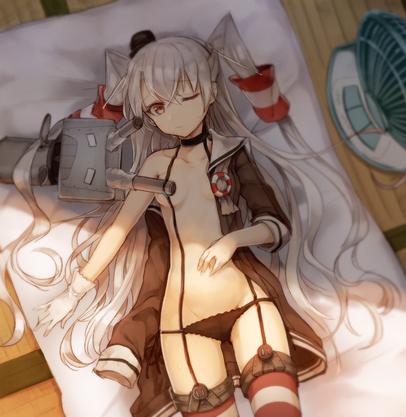 amatsukaze_(kantai_collection) breasts brown_eyes choker convenient_censoring dress from_above futon garter_straps gloves kantai_collection long_hair looking_at_viewer lying on_back one_eye_closed panties partially_undressed rensouhou-kun revision sailor_dress short_dress silver_hair small_breasts solo_focus striped striped_legwear thighhighs two_side_up underwear veryberry00