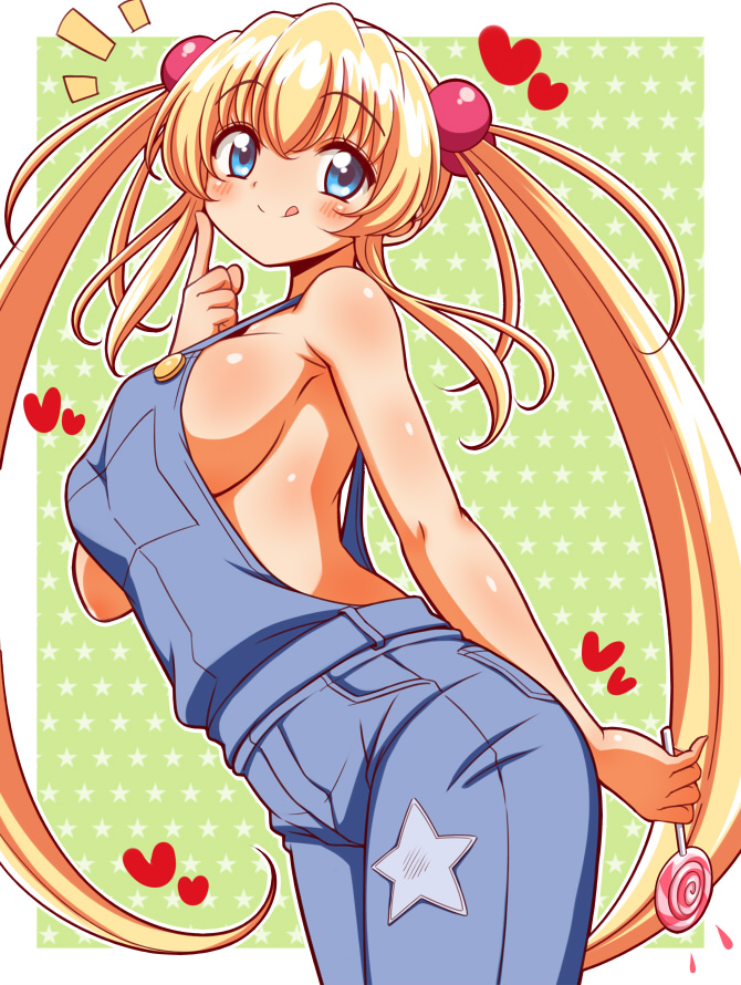 amatsuka_rikka baby_princess blonde_hair blue_eyes breasts candy food hair_bobbles hair_ornament kuga_yoshito large_breasts lollipop long_hair naked_overalls overalls sideboob smile solo twintails