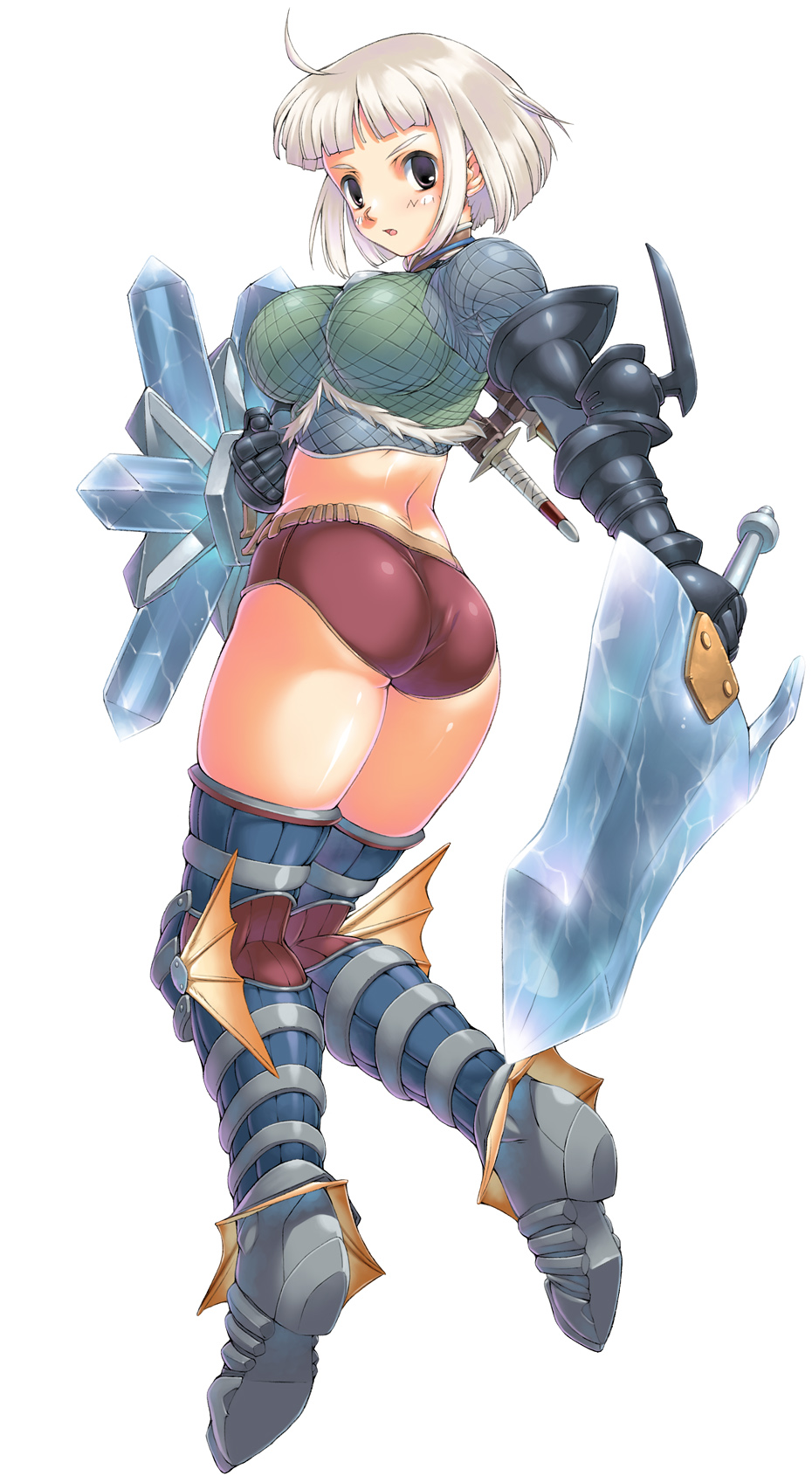 ass boots brown_hair full_body gauntlets highres looking_at_viewer monster_hunter shield short_hair shorts simple_background solo sword uchiu_kazuma weapon white_hair