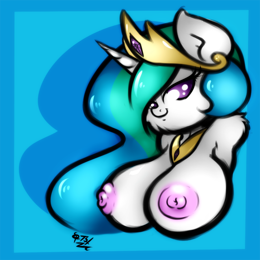 anthro anthrofied big_breasts blue_background breasts bust ep777 equine female friendship_is_magic fur hair hair_over_eye horn huge_breasts looking_at_viewer mammal multi-colored_hair my_little_pony nipples plain_background princess_celestia_(mlp) purple_eyes smile solo unicorn white_fur