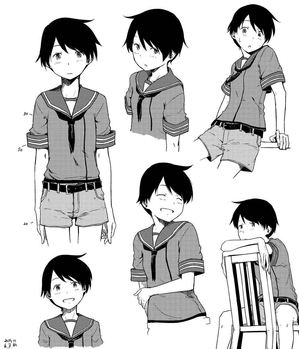 1girl androgynous belt chair closed_eyes expressionless eyes_closed kantai_collection kawashina_(momen_silicon) looking_at_viewer mogami_(kantai_collection) monochrome multiple_views open_mouth personification sailor_collar short_hair shorts sitting sketch smile sweat