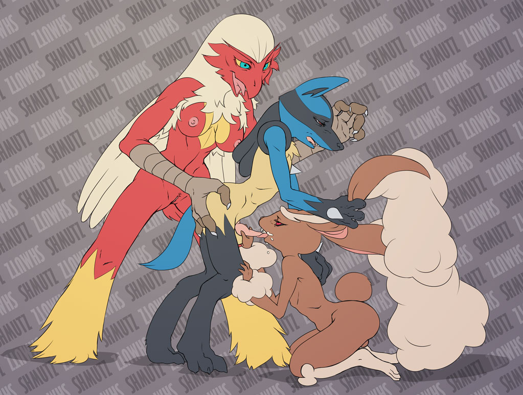 bisexual blaziken blue_fur brown_fur butt butt_grab claws cum cum_on_face domination female female_domination fur gay grope half-closed_eyes long_ears looking_up lopunny lucario male nintendo nude open_mouth oral oral_sex pok&#233;mon pok&eacute;mon pussy red_eyes red_fur sex shmutz-art smile spikes teeth tongue video_games yellow_fur