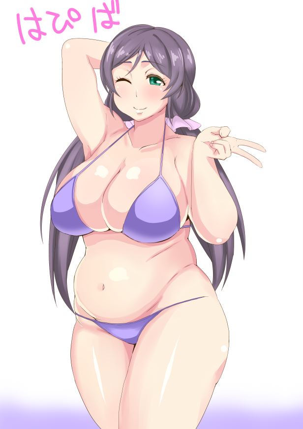 belly bikini breasts cleavage large_breasts long_hair looking_at_viewer love_live! love_live!_school_idol_project morisoba_(silent_hill) navel one_eye_closed plump purple_bikini purple_hair solo swimsuit toujou_nozomi twintails