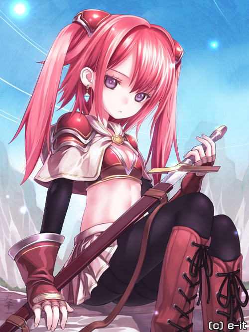 :c armor artist_name bad_id bad_pixiv_id bangs bikini_armor black_legwear boots breasts brooch brown_footwear capriccio cleavage cross-laced_footwear day earrings fingerless_gloves fingernails fog from_below frown gloves holding holding_sword holding_weapon jewelry knee_boots lace-up_boots looking_at_viewer looking_down midriff miniskirt navel original outdoors pantyhose pleated_skirt purple_eyes red_hair sheath shiny shiny_hair shoes short_hair_with_long_locks shoulder_armor sitting skirt small_breasts solo spaulders sword two_side_up weapon
