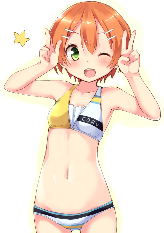 ;d bikini blush clothes_writing double_v hoshizora_rin looking_at_viewer love_live! love_live!_school_idol_project mokoke multicolored multicolored_stripes navel one_eye_closed open_mouth orange_hair short_hair smile solo star striped striped_bikini swimsuit v yellow_eyes