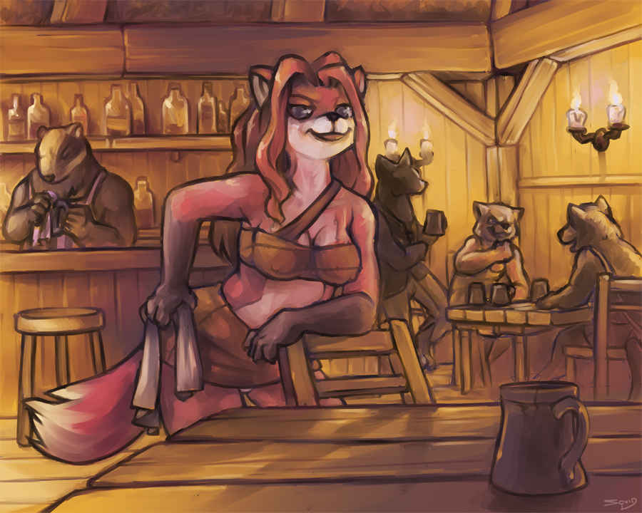 anthro beer beverage blue_eyes breasts canine cloth female fox fur gloves_(marking) hair hand_on_hip holding looking_at_viewer male mammal markings pink_fur pub red_hair tpf1990