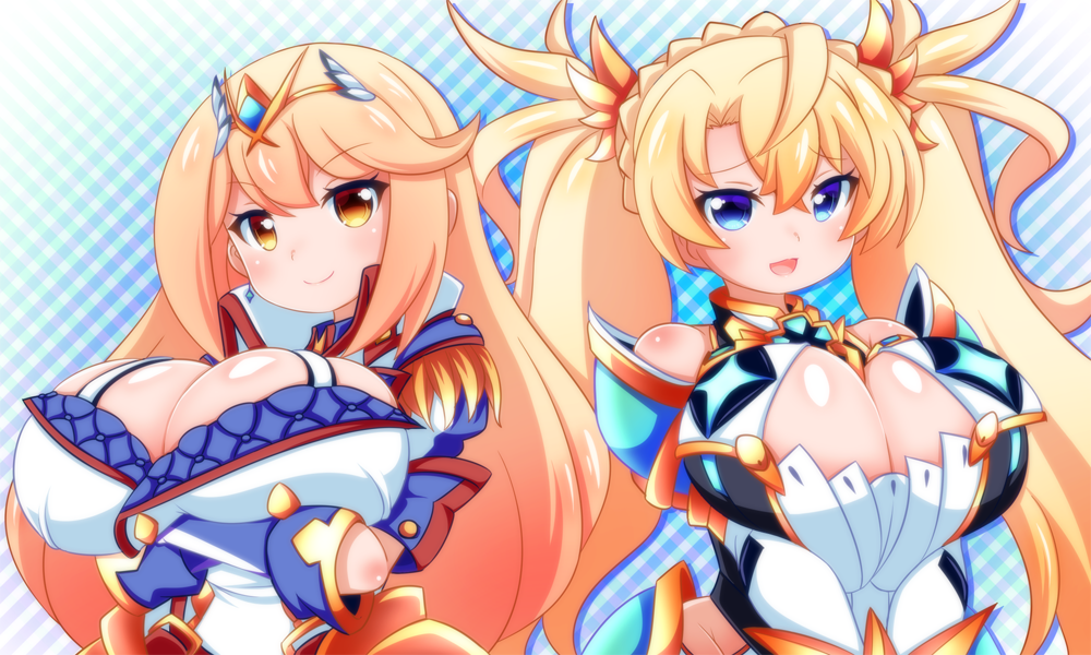 2girls bare_shoulders blonde_hair blue_background blue_eyes bradamante_(fate/grand_order) bradamante_(fate/grand_order)_(cosplay) breast_hold breasts cleavage commentary_request cosplay costume_switch crossover elbow_gloves fate/grand_order fate_(series) gloves hikari_(xenoblade_2) hikari_(xenoblade_2)_(cosplay) large_breasts long_hair multiple_girls nintendo oborotsuki_kakeru open_mouth simple_background smile twintails very_long_hair white_background xenoblade_(series) xenoblade_2 yellow_eyes
