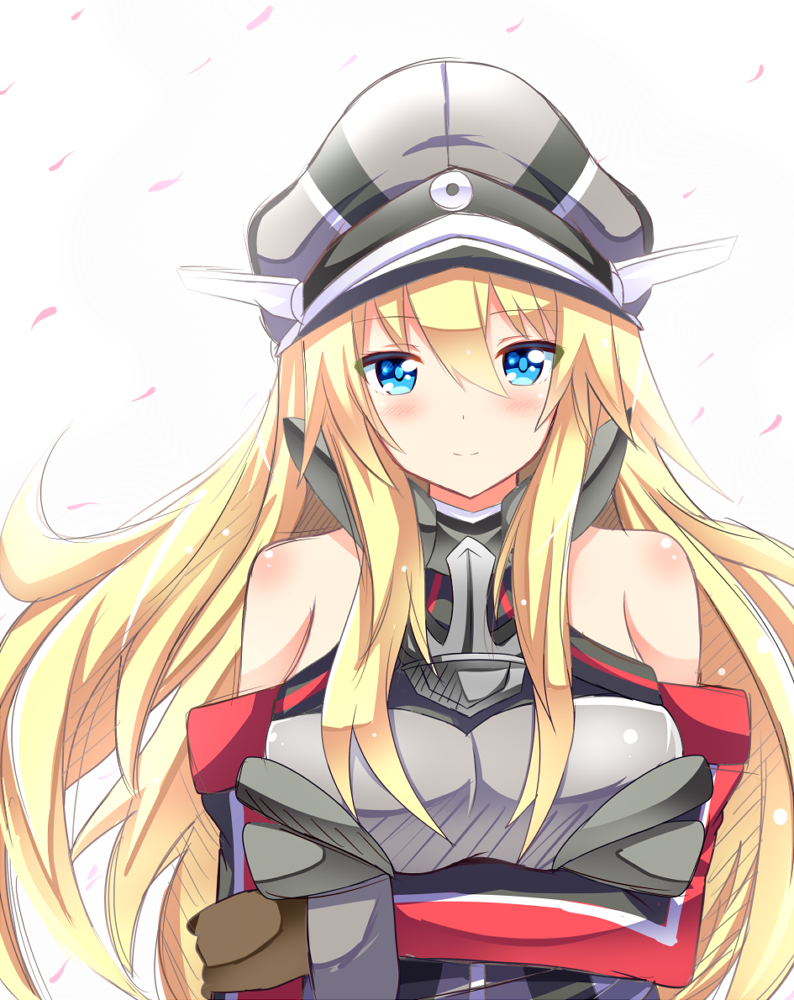 bad_id bad_pixiv_id bismarck_(kantai_collection) blonde_hair blue_eyes breasts hat kantai_collection large_breasts long_hair looking_at_viewer military military_hat military_uniform peaked_cap shinekalta solo uniform