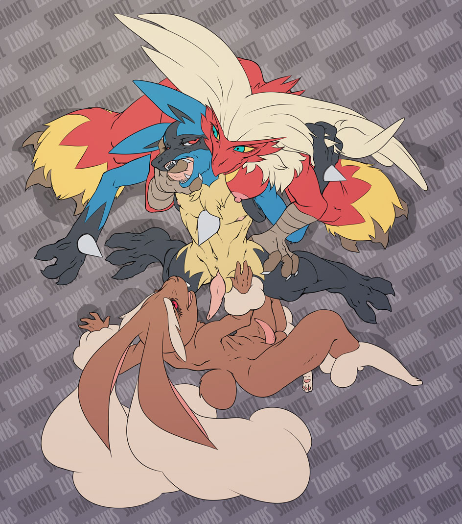 bisexual black_fur blaziken blue_eyes blue_fur breasts brown_fur claws domination female female_domination fur gay long_ears lopunny lucario male nintendo open_mouth pawpads penis pointy_ears pok&#233;mon pok&eacute;mon pussy red_eyes red_fur shmutz-art smile spikes teeth tongue video_games