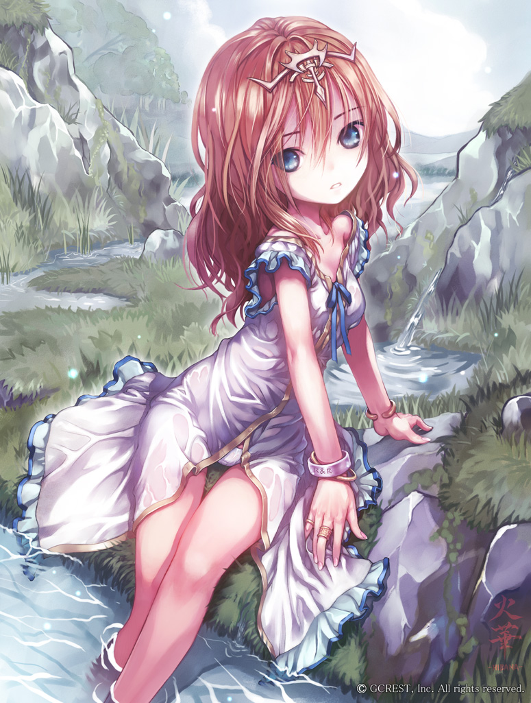 bad_id bad_pixiv_id blue_eyes bow bracelet brown_hair capriccio grass jewelry looking_at_viewer original ring sitting soaking_feet solo stone water