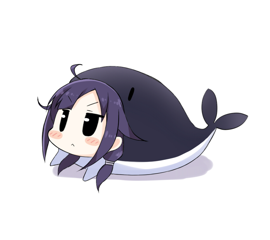 :&lt; ahoge animal_costume blush closed_mouth hair_tubes kantai_collection kurono_nekomaru long_hair low_twintails purple_hair simple_background solo taigei_(kantai_collection) twintails v-shaped_eyebrows whale white_background