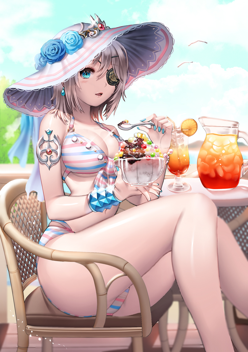 armchair armlet bangle bikini bird blue_eyes blue_flower blue_rose blush bowl bracelet breasts chair cloud cup day dessert drink drinking_glass drinking_straw eyepatch flower food fruit ganik glass hair_ornament hairclip hat holding iced_tea iri_flina jewelry large_breasts lemon lemon_slice looking_at_viewer multicolored multicolored_stripes open_mouth parted_lips pitcher rose seagull shaved_ice shiny shiny_skin short_hair silver_hair sitting sky solo spoon striped striped_bikini sun_hat swimsuit sword_girls table tropical_drink wristband