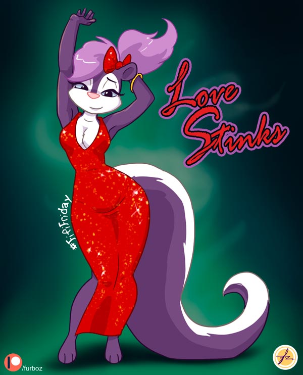 anthro barefoot bow bracelet breasts cleavage clothed clothing dress english_text female fifi_la_fume fur furboz hair jewelry looking_at_viewer mammal mephitid multicolored_fur purple_fur purple_hair skunk solo text tiny_toon_adventures warner_brothers