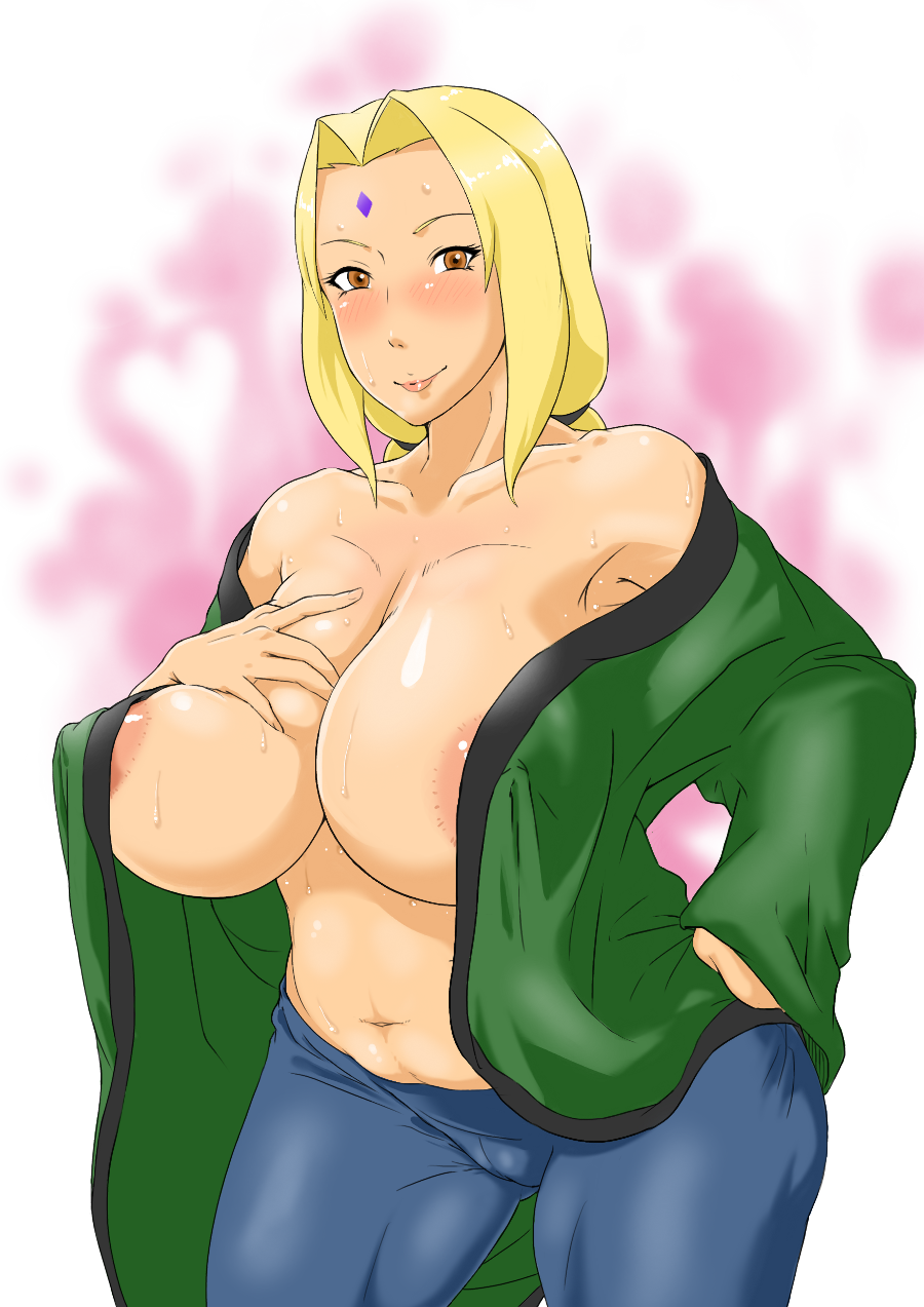 1girl aberrant areolae artist_request blonde_hair breasts brown_eyes eju_(aberrant) forehead_jewel huge_breasts large_areolae large_nipples naruto no_bra plump puffy_nipples tsunade