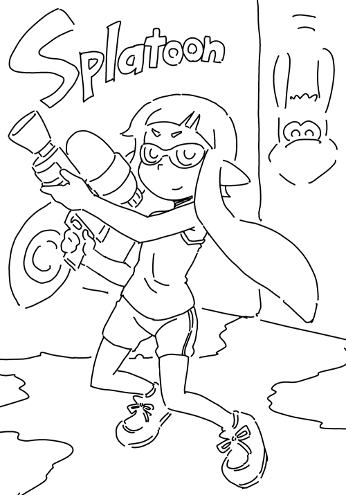 anbe_masahiro bike_shorts commentary_request greyscale inkling monochrome shoes sneakers splatoon_(series) splatoon_1 splattershot_(splatoon) squid sunglasses water_gun