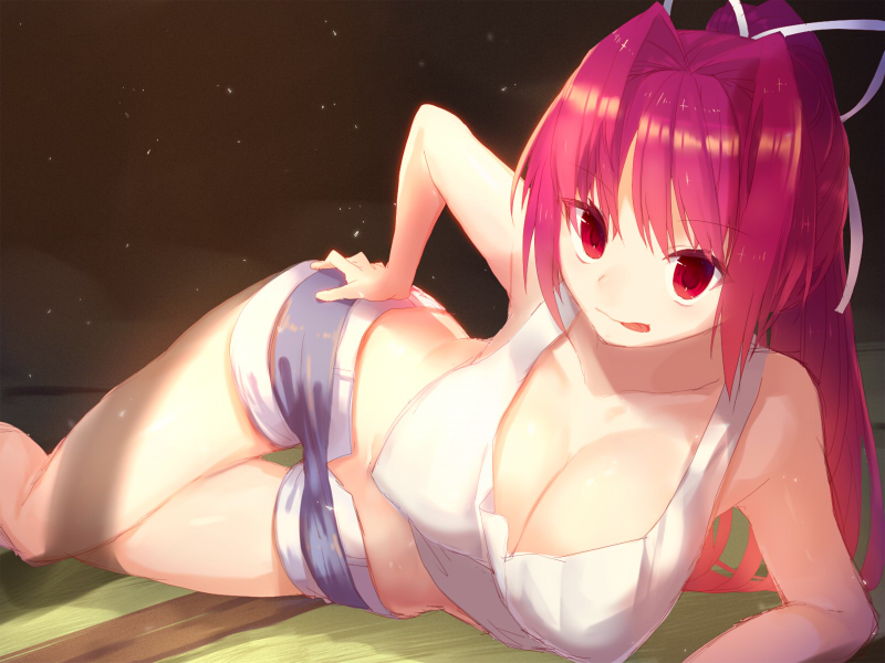 :p banned_artist breasts cleavage hair_ribbon large_breasts long_hair lying midriff navel on_side ponytail purple_hair red_eyes ribbon short_shorts shorts solo tank_top tatami thigh_gap tongue tongue_out under_night_in-birth unzipped yusano yuzuriha_(under_night_in-birth)