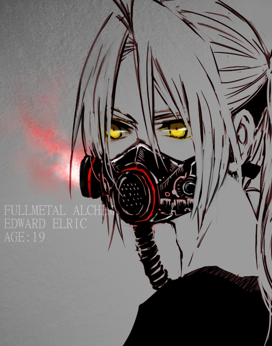 bad_id bad_pixiv_id character_name copyright_name edward_elric fullmetal_alchemist long_hair male_focus mask monochrome ponytail respirator solo spot_color yellow_eyes