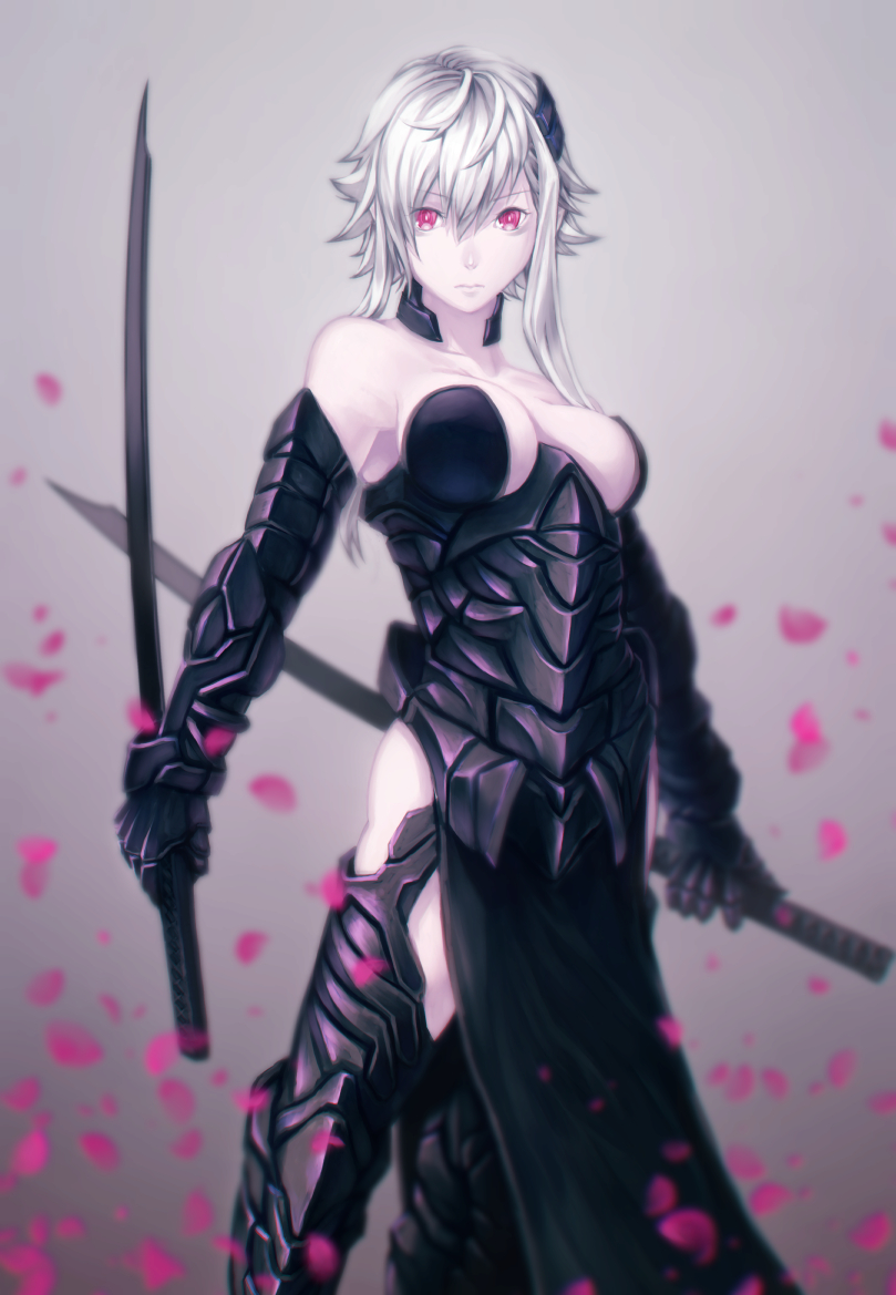 armor breasts dual_wielding holding loincloth medium_breasts mstm original petals red_eyes solo sword weapon white_hair